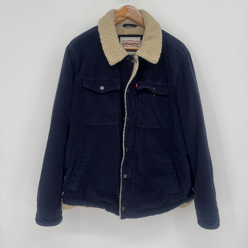Levi's Corduroy Sherpa Trucker Jacket Mens L Blue Faux Fur Lined Zip Up Classic